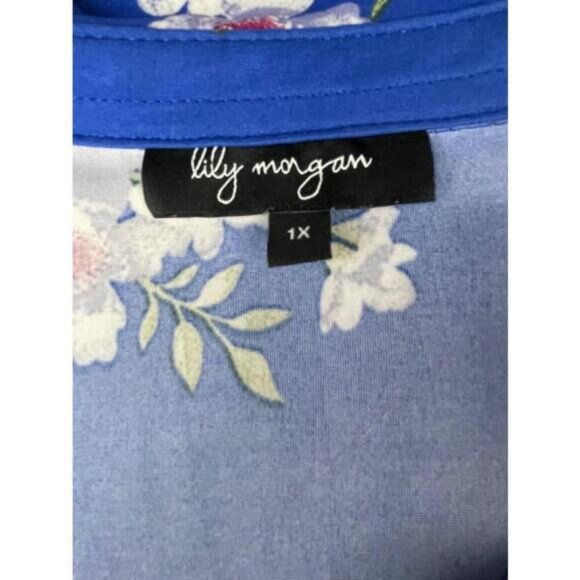 Lily Morgan Shirt Womens 1X Blue Floral Quarter Zip Collared Blouse - Picture 3 of 8